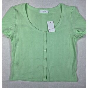 Elodie Green Ribbed Knit Baby Tee Cardigan Y2K Fitted Button Front XL NWT Retro